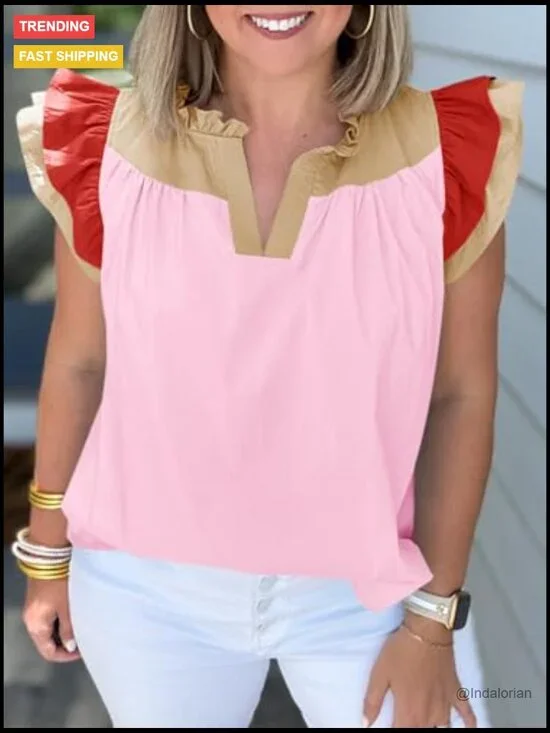 100% Cotton V-Neck Blouse Loose Fit Ruffle Color Block Tank Top - Picture 4 of 7